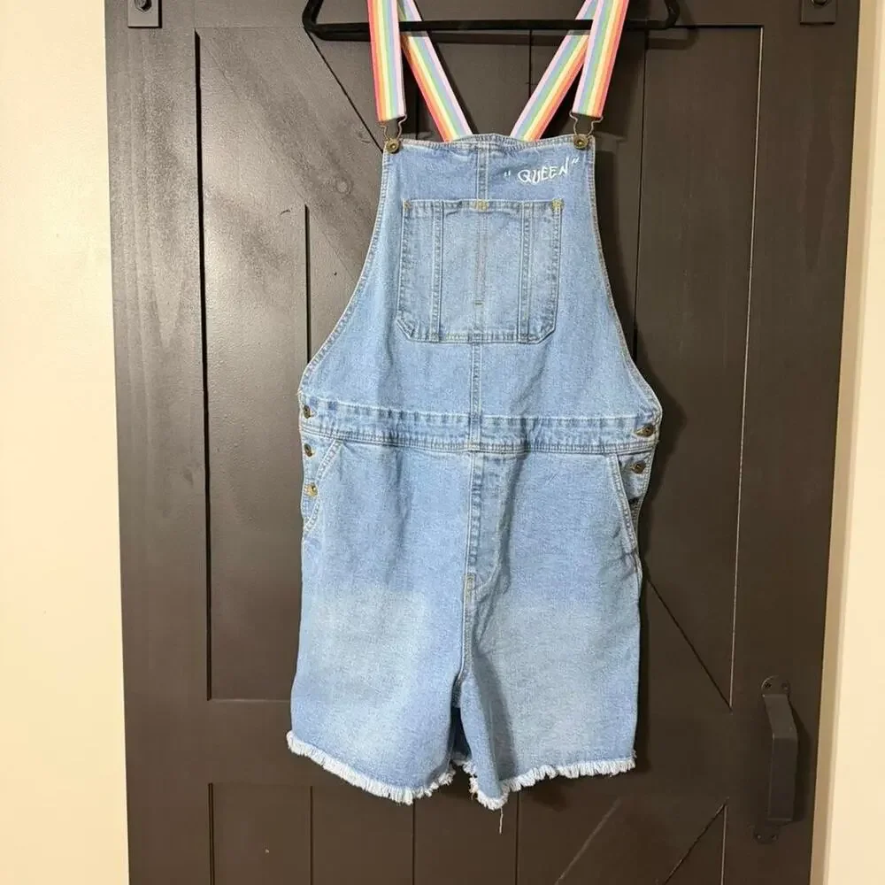 Rainbow Strap Denim Romper Overalls “Queen” Embroidered Trendy Y2K Cottagecore - Picture 2 of 8